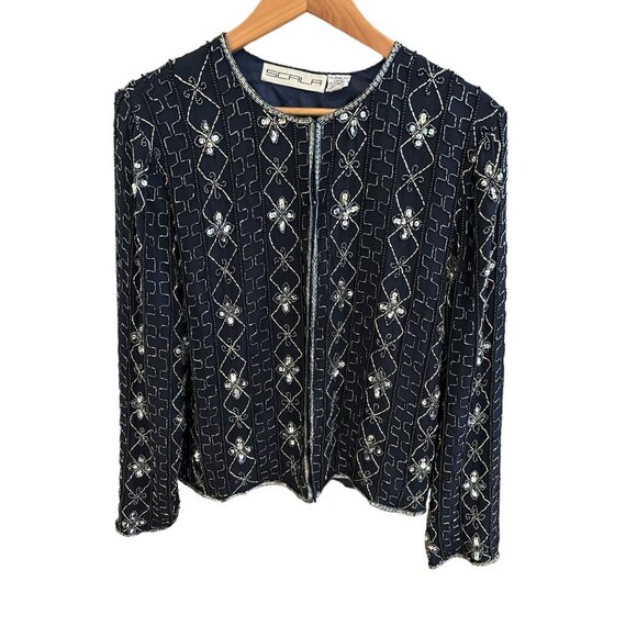 Vintage Scala Beaded Silk Jacket Navy/Gold Size L Made In India - Picture 1 of 6